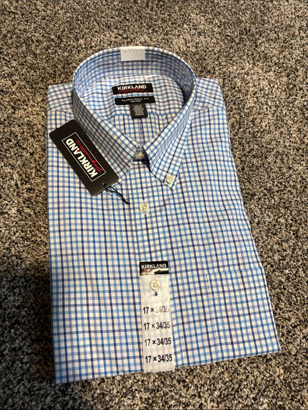 Kirkland Signature Men's Blue and White Windowpane Button-Down Shirt
